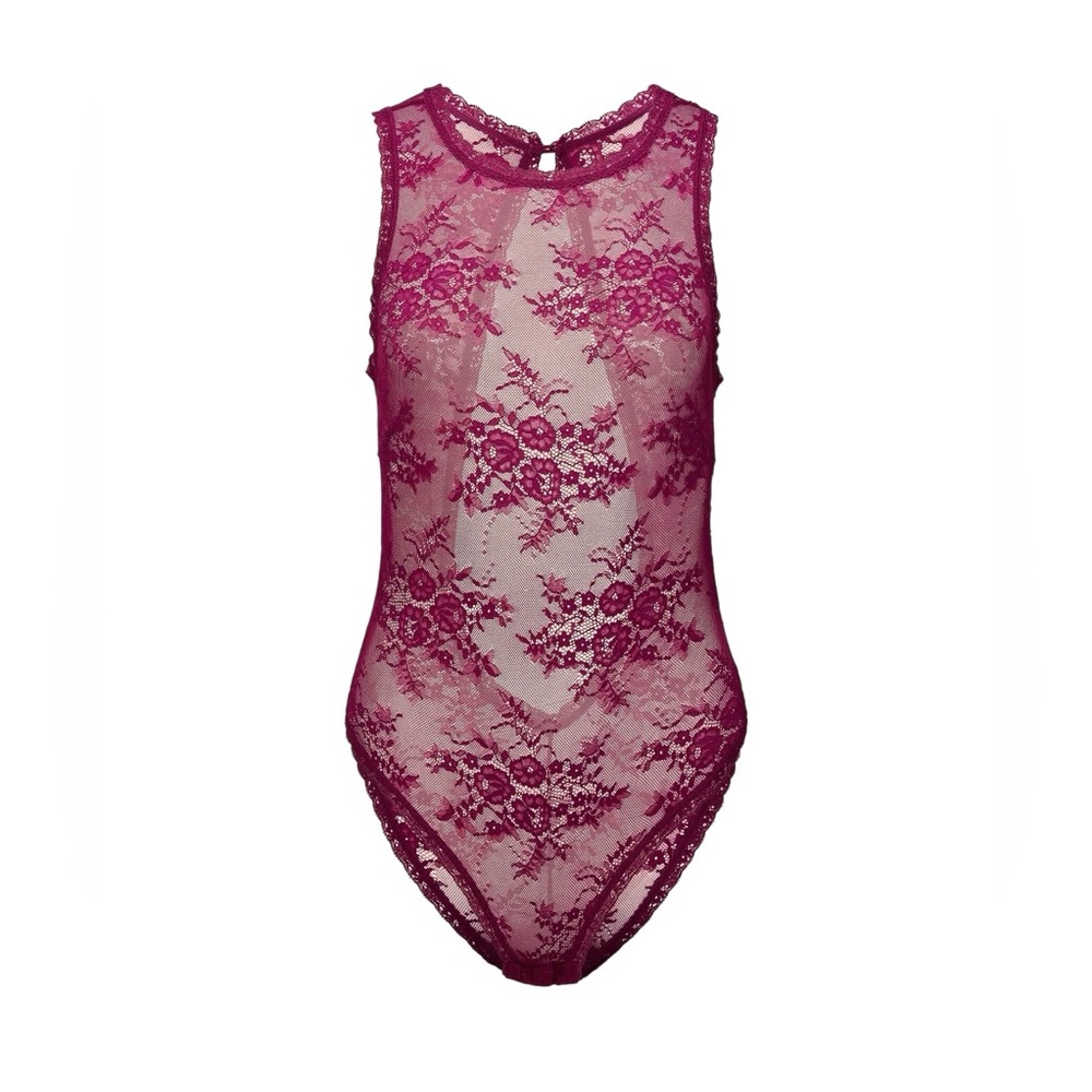 Adore Me Hazelle Bodysuit Sleeveless Floral Lace Bodysuit in Berry
